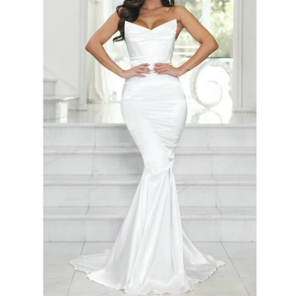 Delphine Strapless Mermaid Gown in White by Moda Glam - Picture 1 of 4